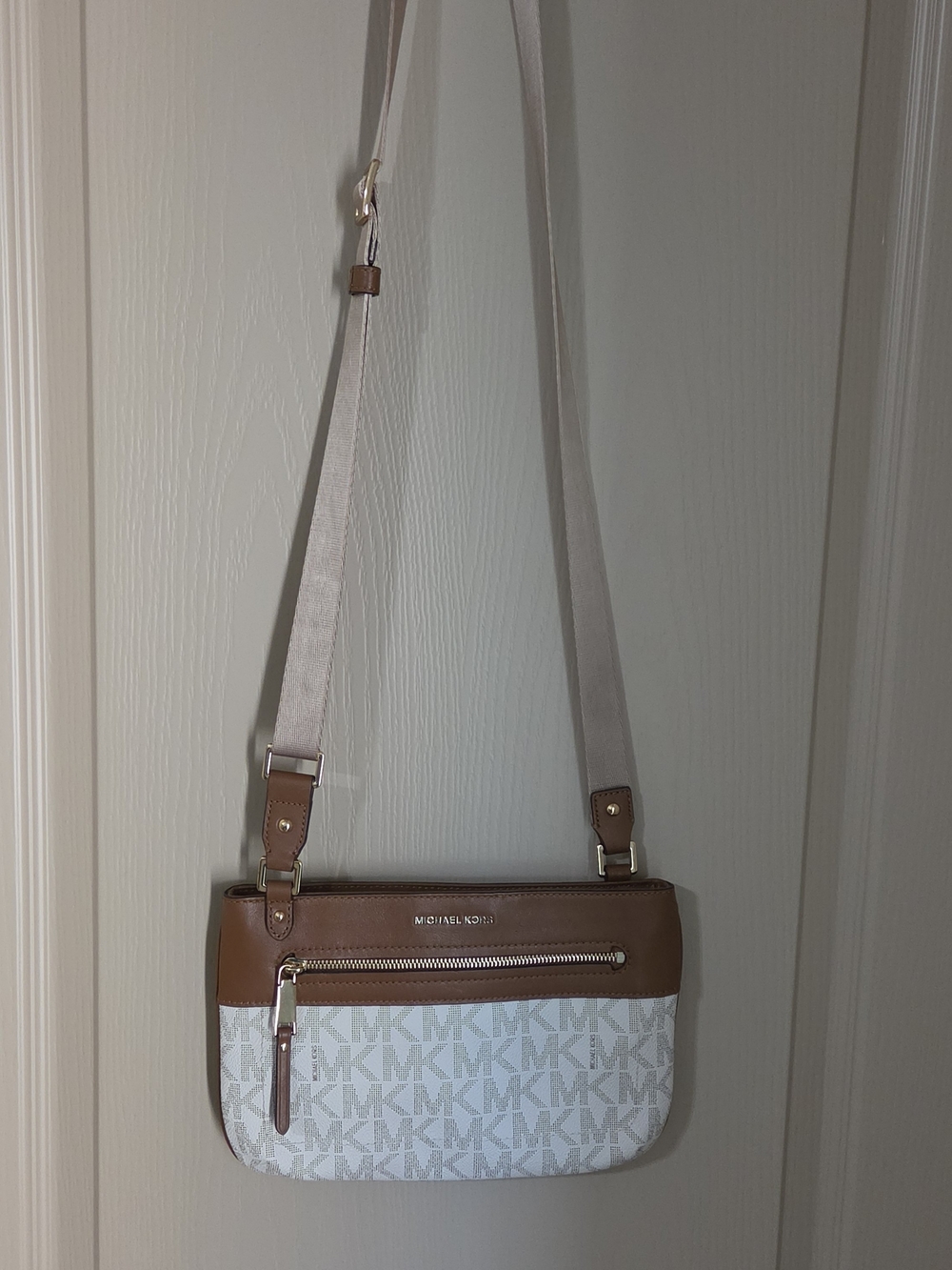 Michael Kors White & Brown MK Crossbody Bag